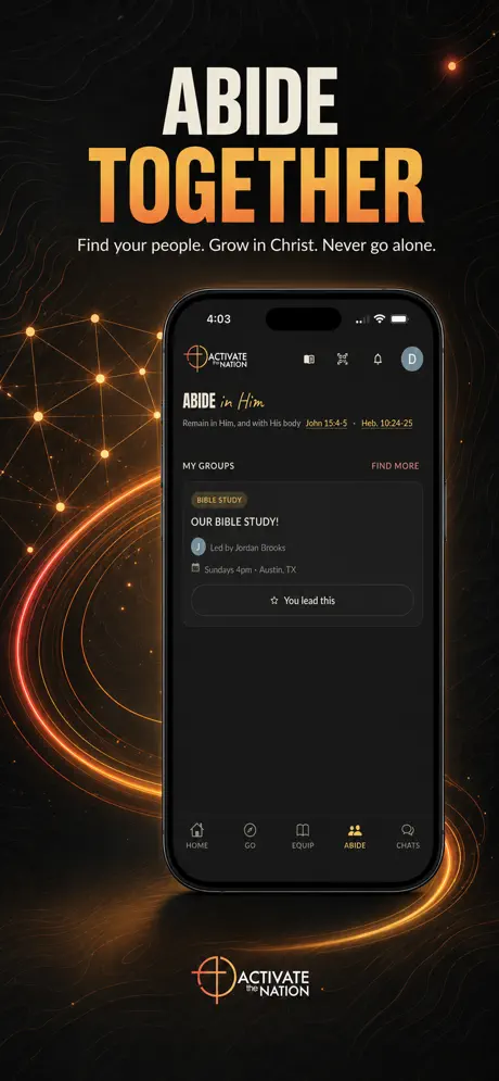 The Abide tab: your groups, who leads them, and when they meet.