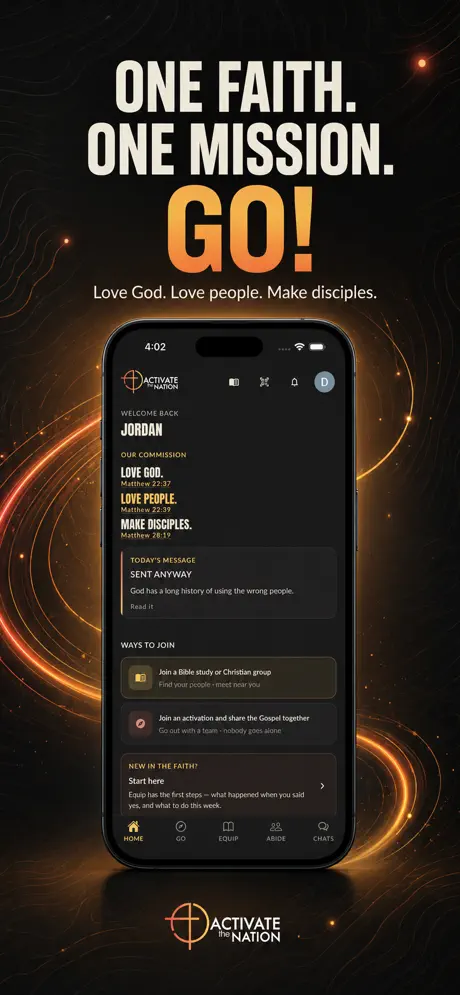 The app's home screen: Love God, Love people, Make disciples, today's message, and ways to join.